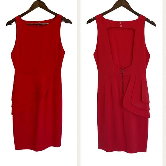 Alice + Olivia Asymmetrical Side Ruffle Back Cutout Dress Bright Poppy Small - Picture 2 of 14